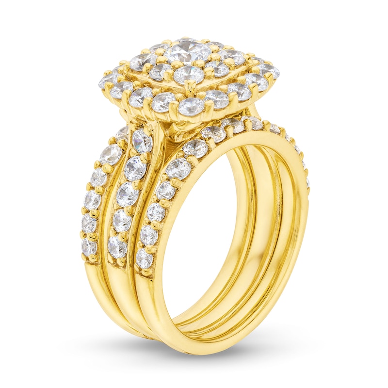 3 CT. T.W. Cushion Multi-Diamond Frame Three Piece Bridal Set in 14K Gold