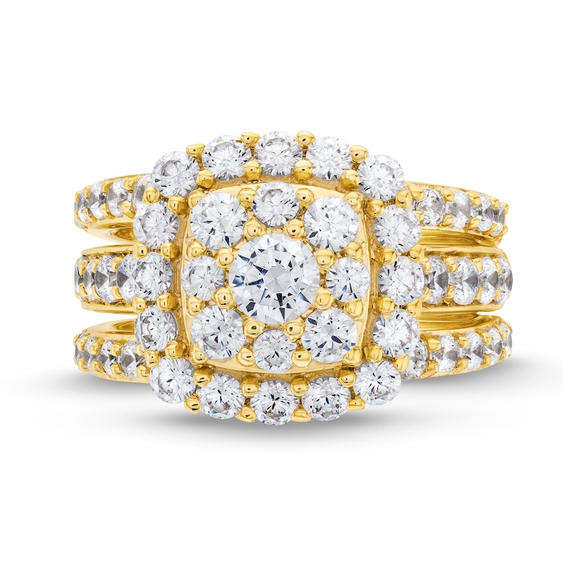 3 CT. T.W. Cushion Multi-Diamond Frame Three Piece Bridal Set in 14K Gold