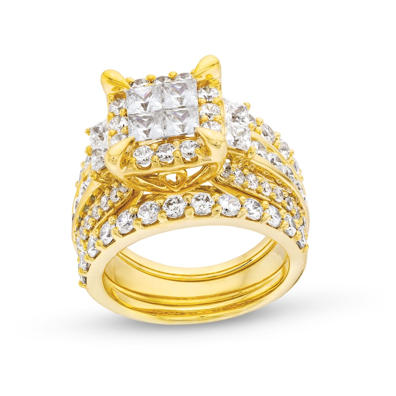 Main Image 1 of 4 CT. T.W. Quad Princess-Cut Diamond Frame Tiered Three Piece Bridal Set in 14K Gold
