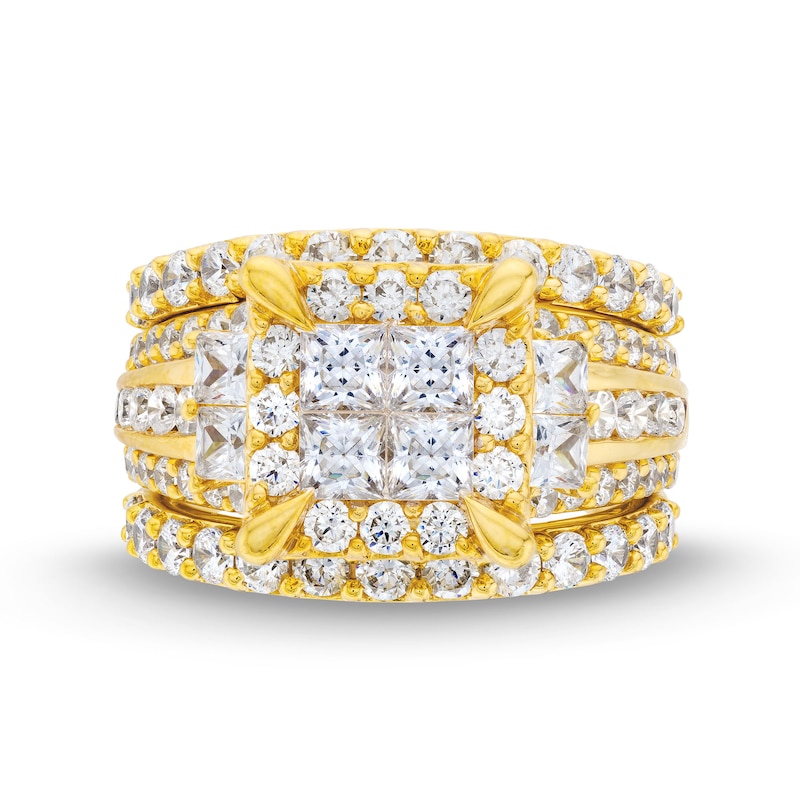Main Image 4 of 4 CT. T.W. Quad Princess-Cut Diamond Frame Tiered Three Piece Bridal Set in 14K Gold