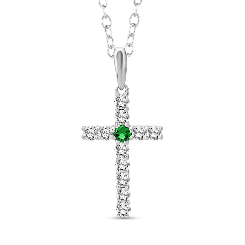 Main Image 1 of Emerald and 1/4 CT. T.W. Diamond Cross Pendant in Sterling Silver