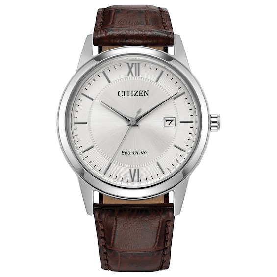 Men’s Citizen Eco-Drive® Classic Brown Leather Strap Watch with Silver-Tone Dial (Model: AW1780-25A)