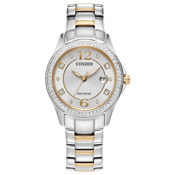 Ladiesâ Citizen Eco-DriveÂ® Crystal Accent Two-Tone IP Watch with Silver-Tone Dial (Model: FE1146-71A)