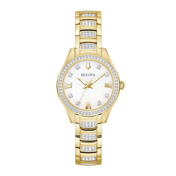Ladies' Bulova Crystal Accent Gold-Tone IP Watch with Mother-of-Pearl Dial (Model: 98L306)
