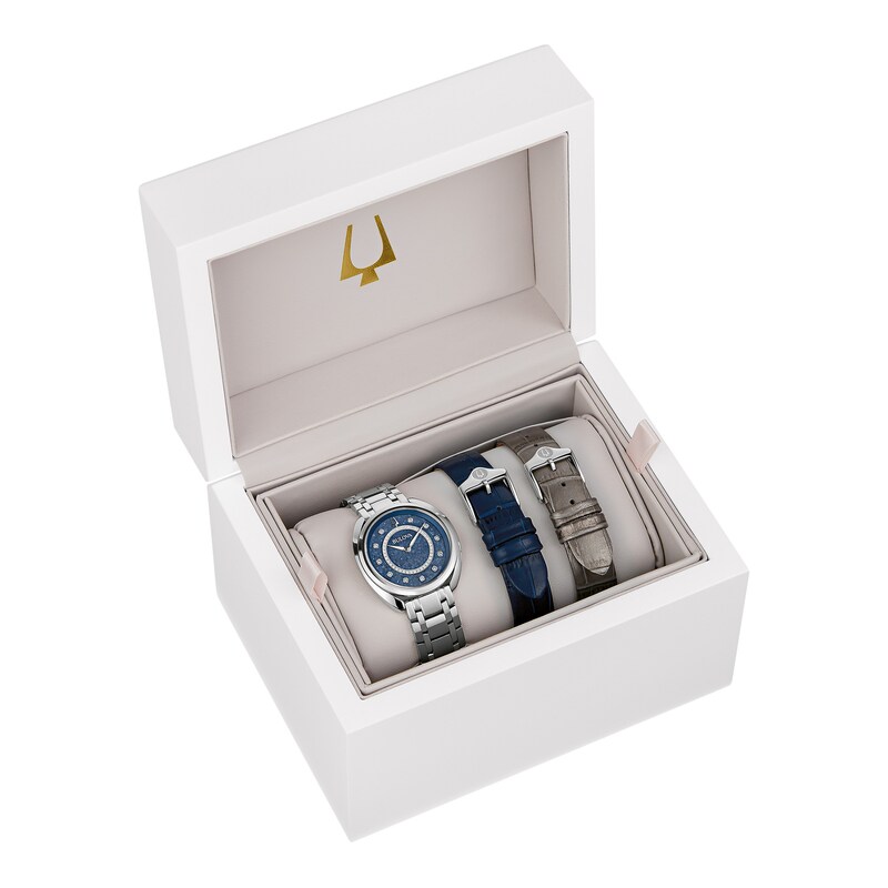 Main Image 6 of Ladies' Bulova Duality 1/8 CT. T.W. Diamond Interchangeable Bands Watch with Blue Dial (Model: 96X160)