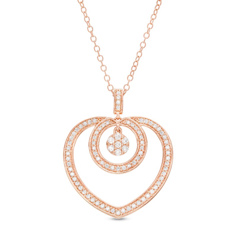 1/2 CT. T.W. Diamond Disc Dangle Loop Circle and Heart Outline Drop Pendant in Sterling Silver with 14K Rose Gold Plate