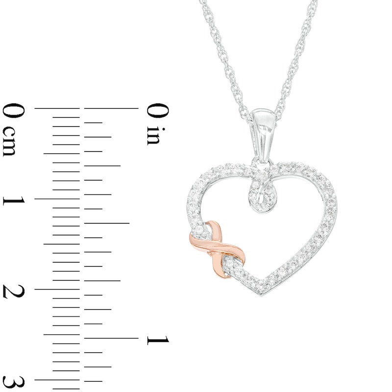 Main Image 3 of 1/4 CT. T.W. Diamond Offset Infinity Wrapped Loop Heart Outline Drop Pendant in Sterling Silver and 14K Rose Gold Plate