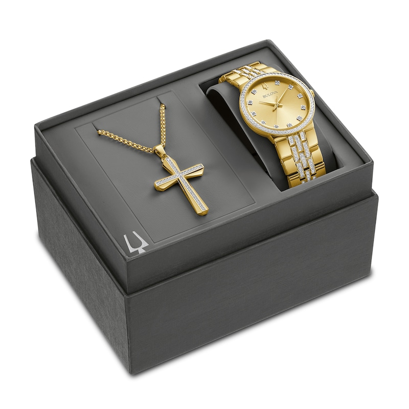 Main Image 1 of Men's Bulova Crystal Accent Gold-Tone IP Watch with Champagne Dial and Cross Pendant Box Set (Model: 98K113)