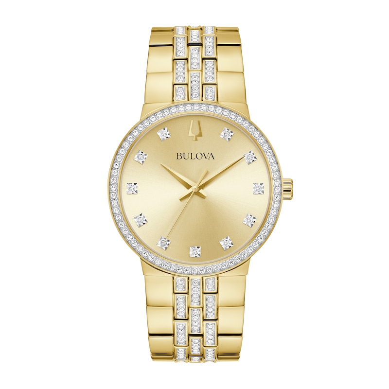 Main Image 3 of Men's Bulova Crystal Accent Gold-Tone IP Watch with Champagne Dial and Cross Pendant Box Set (Model: 98K113)