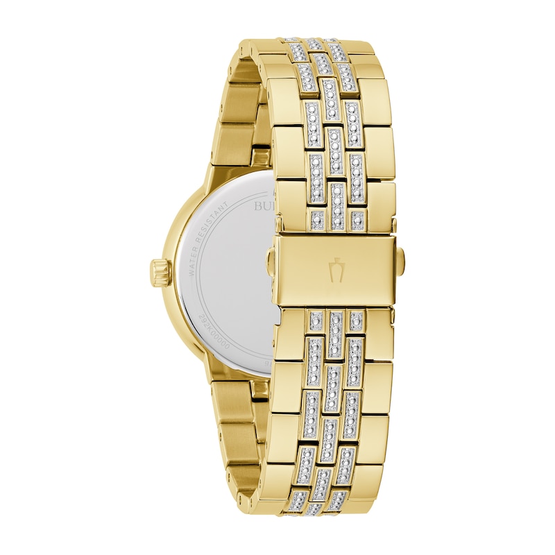 Main Image 4 of Men's Bulova Crystal Accent Gold-Tone IP Watch with Champagne Dial and Cross Pendant Box Set (Model: 98K113)