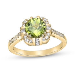 7.0mm Peridot and 1/4 CT. T.W. Baguette and Round Diamond Cushion Frame Compass-Inspired Ring in 10K Gold