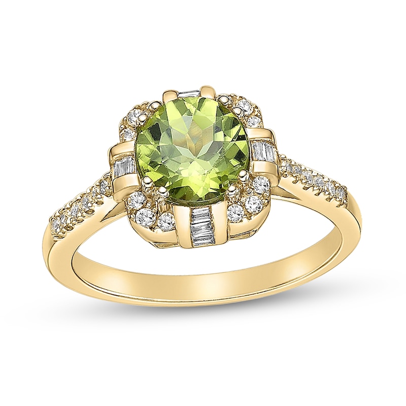 Main Image 1 of 7.0mm Peridot and 1/4 CT. T.W. Baguette and Round Diamond Cushion Frame Compass-Inspired Ring in 10K Gold