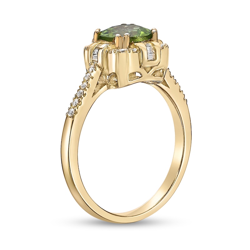 Main Image 2 of 7.0mm Peridot and 1/4 CT. T.W. Baguette and Round Diamond Cushion Frame Compass-Inspired Ring in 10K Gold