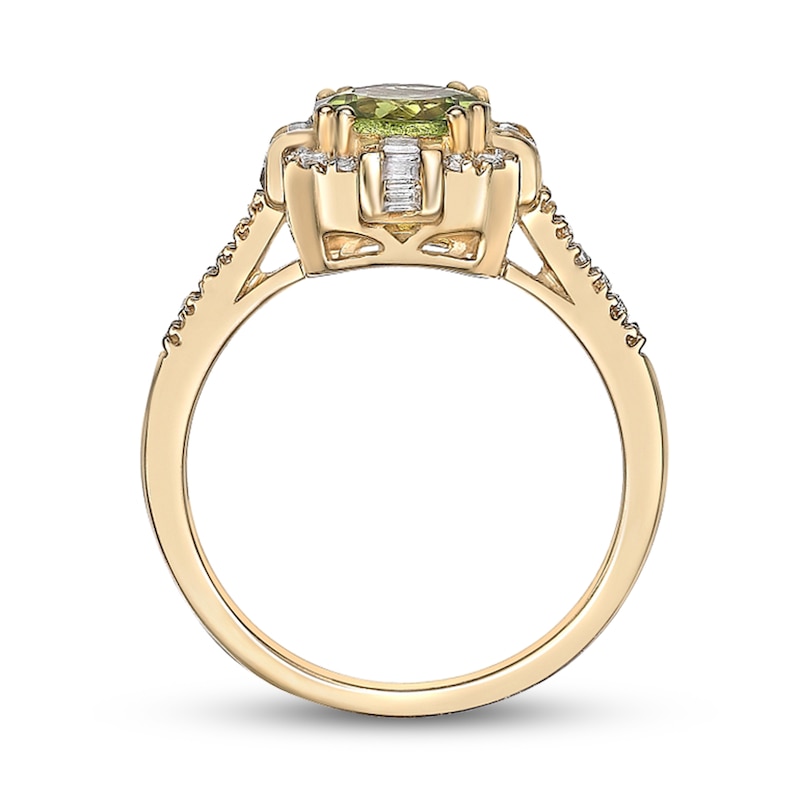 Main Image 3 of 7.0mm Peridot and 1/4 CT. T.W. Baguette and Round Diamond Cushion Frame Compass-Inspired Ring in 10K Gold