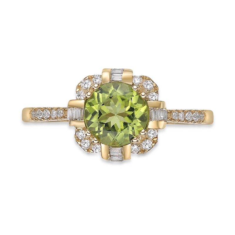 Main Image 4 of 7.0mm Peridot and 1/4 CT. T.W. Baguette and Round Diamond Cushion Frame Compass-Inspired Ring in 10K Gold