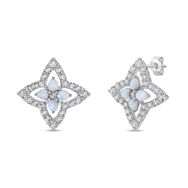 Main Image 1 of Pear-Shaped Lab-Created Opal and White Lab-Created Sapphire Petal Frame Quartet Floral Stud Earrings in Sterling Silver