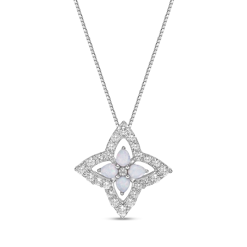 Main Image 1 of Pear-Shaped Lab-Created Opal and White Lab-Created Sapphire Open Petal Frame Quartet Floral Pendant in Sterling Silver