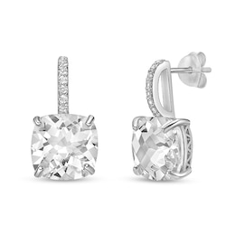 10.0mm Checkerboard Cushion-Shaped White Topaz Drop Earrings in Sterling Silver