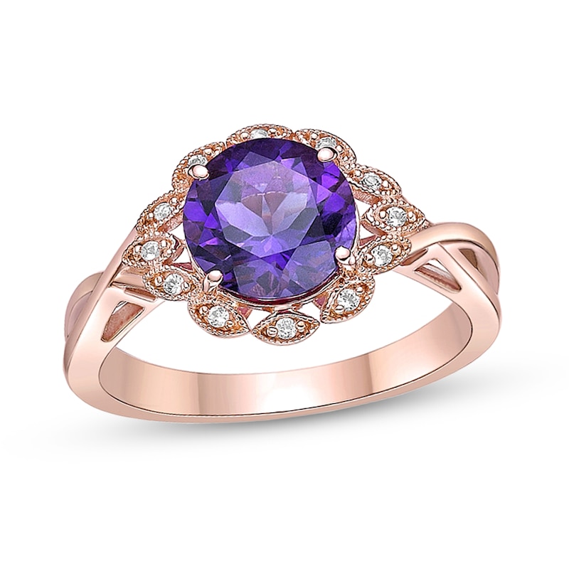 Main Image 1 of 8.0mm Amethyst and White Topaz Scallop Marquise Frame Vintage-Style Ring in Sterling Silver with 18K Rose Gold Plate