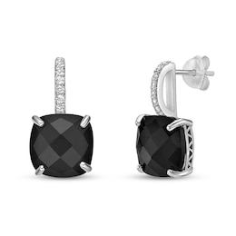 10.0mm Checkerboard Cushion-Shaped Black Onyx and White Topaz Drop Earrings in Sterling Silver