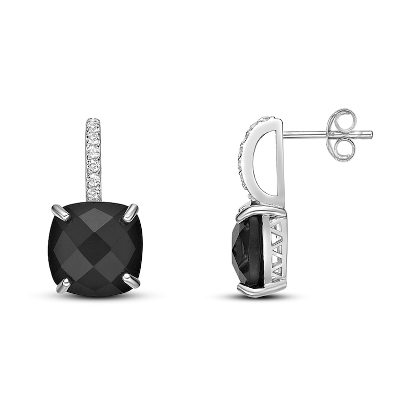 Main Image 2 of 10.0mm Checkerboard Cushion-Shaped Black Onyx and White Topaz Drop Earrings in Sterling Silver