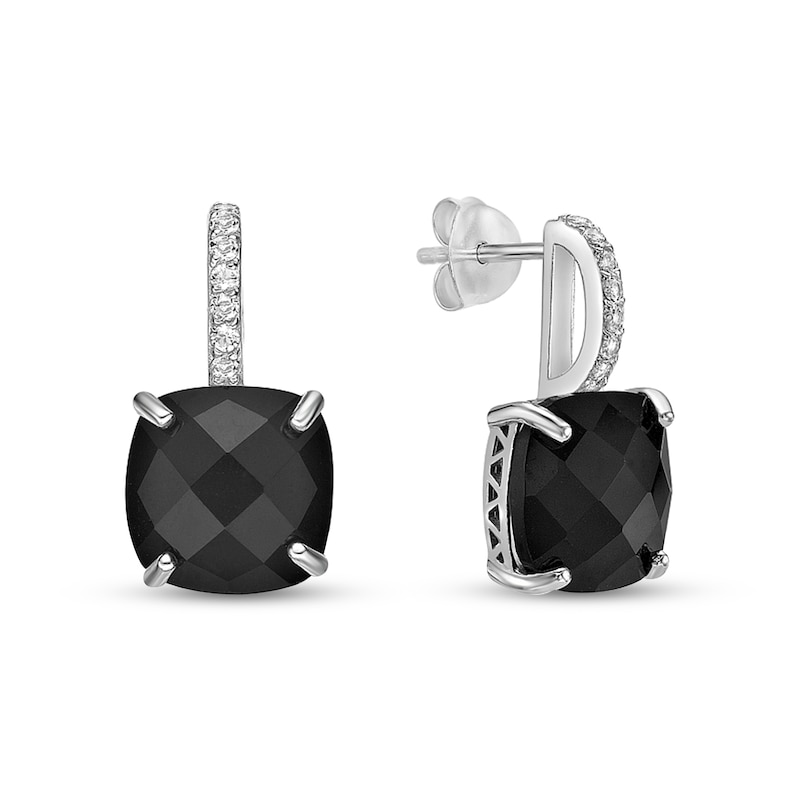 Main Image 3 of 10.0mm Checkerboard Cushion-Shaped Black Onyx and White Topaz Drop Earrings in Sterling Silver