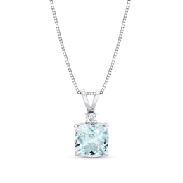 7.0mm Cushion-Cut Aquamarine and Diamond Accent Pendant in 14K White Gold