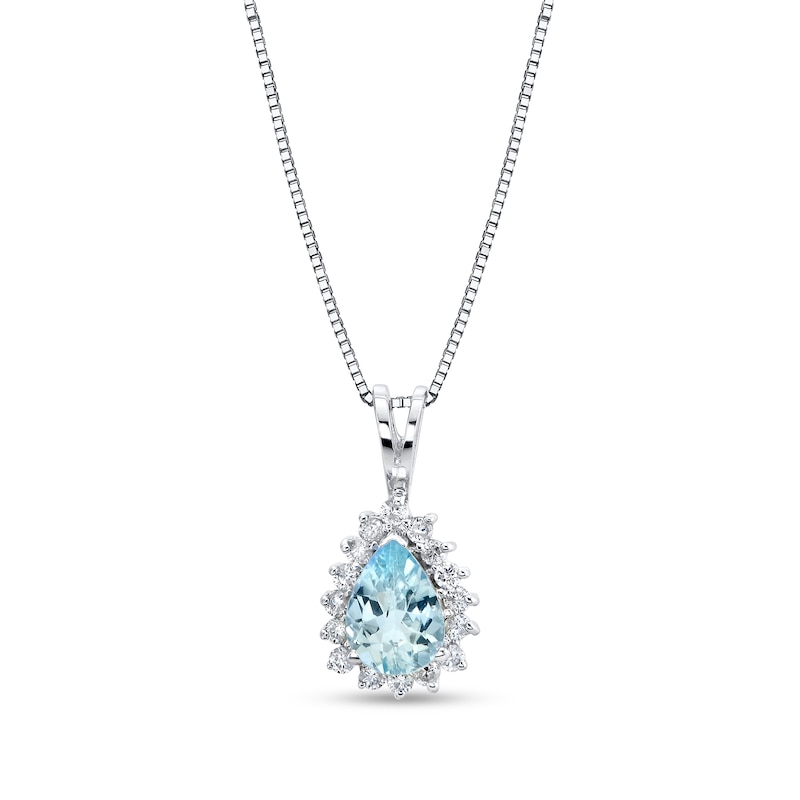 Main Image 1 of Pear-Shaped Aquamarine and 1/6 CT. T.W. Diamond Sunburst Frame Pendant in 14K White Gold