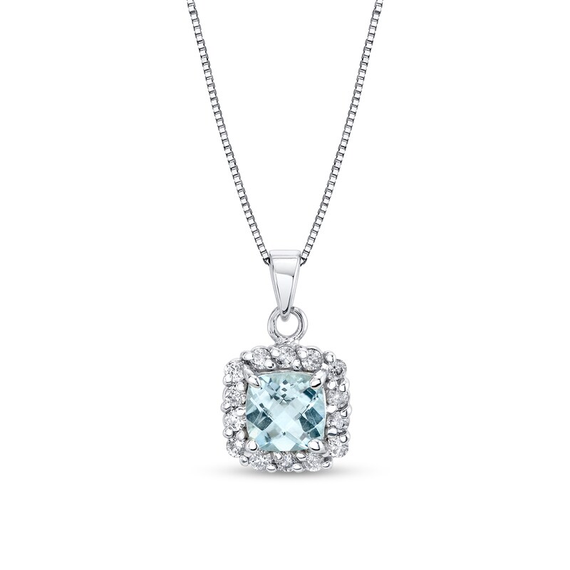 Main Image 1 of 6.0mm Cushion-Cut Aquamarine and 1/4 CT. T.W. Diamond Frame Pendant in 14K White Gold