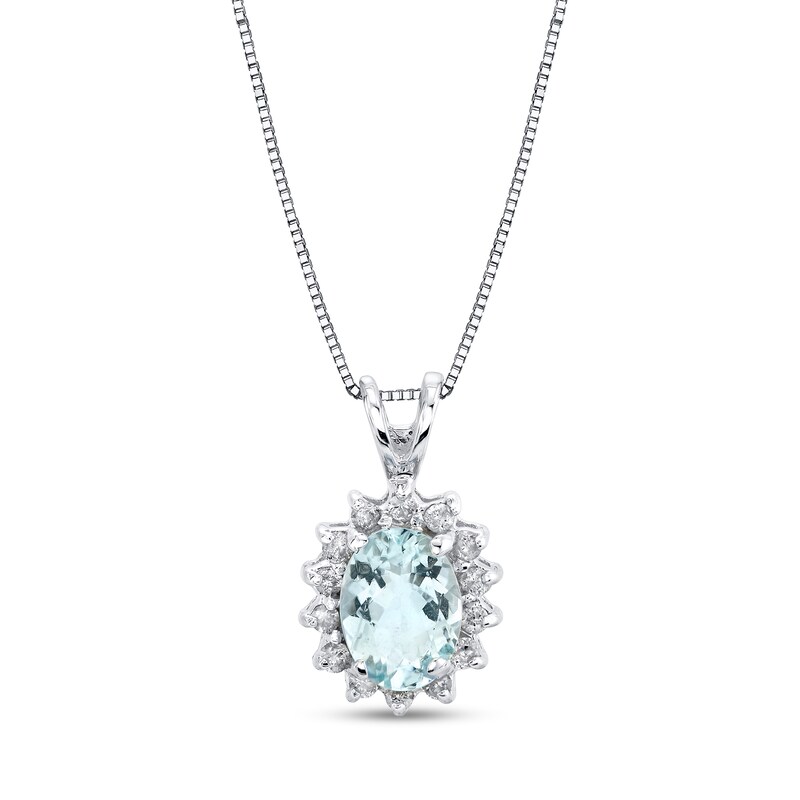 Main Image 1 of Oval Aquamarine and 1/5 CT. T.W. Diamond Sunburst Frame Pendant in 14K White Gold