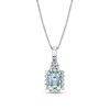 Thumbnail Image 1 of Emerald-Cut Aquamarine and 1/4 CT. T.W. Diamond Sunburst Frame Pendant in 14K White Gold