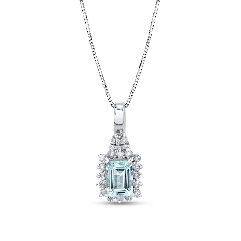 Main Image 1 of Emerald-Cut Aquamarine and 1/4 CT. T.W. Diamond Sunburst Frame Pendant in 14K White Gold
