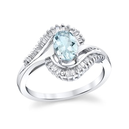 Oval Aquamarine and 1/3 CT. T.W. Baguette Diamond Frame Bypass Ring in 14K White Gold