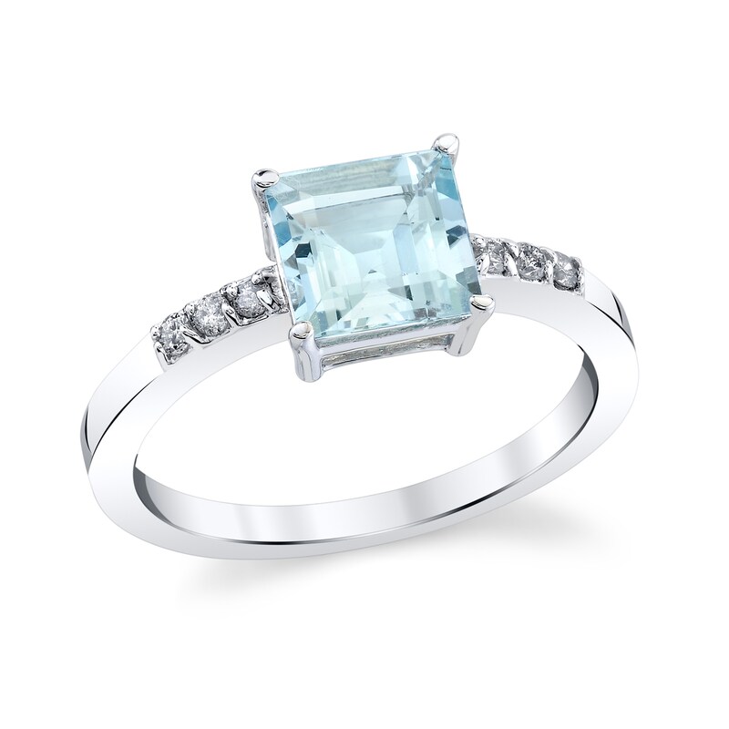 Main Image 1 of 7.0mm Princess-Cut Aquamarine and 1/10 CT. T.W. Diamond Ring in 14K White Gold