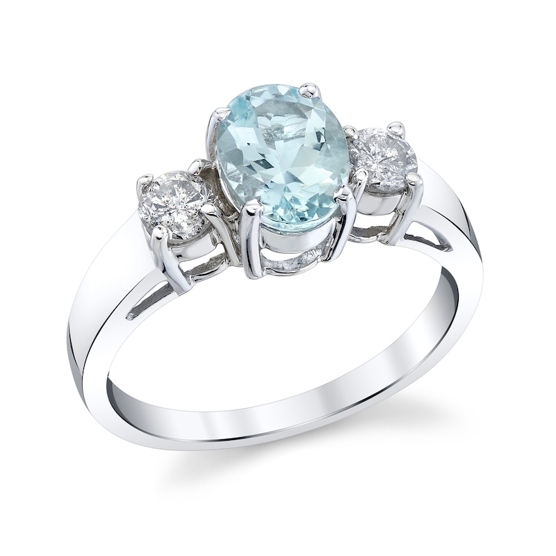 Main Image 1 of Oval Aquamarine and 3/8 CT. T.W. Diamond Three Stone Ring in 14K White Gold