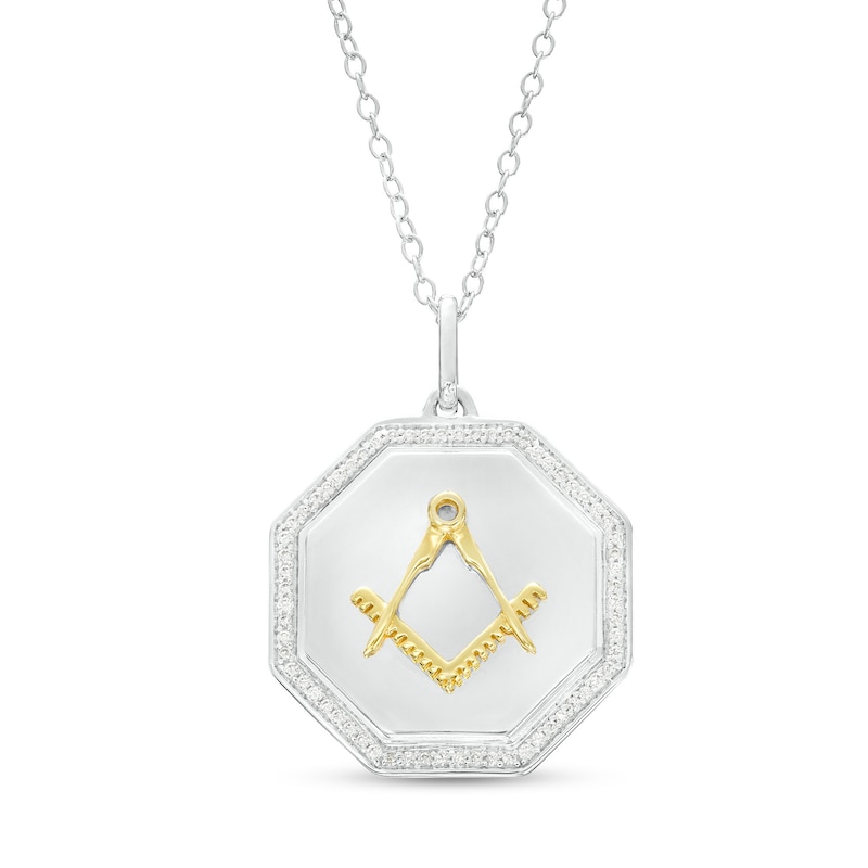 1/5 CT. T.W. Diamond Square and Compass Freemason Octagon Pendant in Sterling Silver and 10K Gold