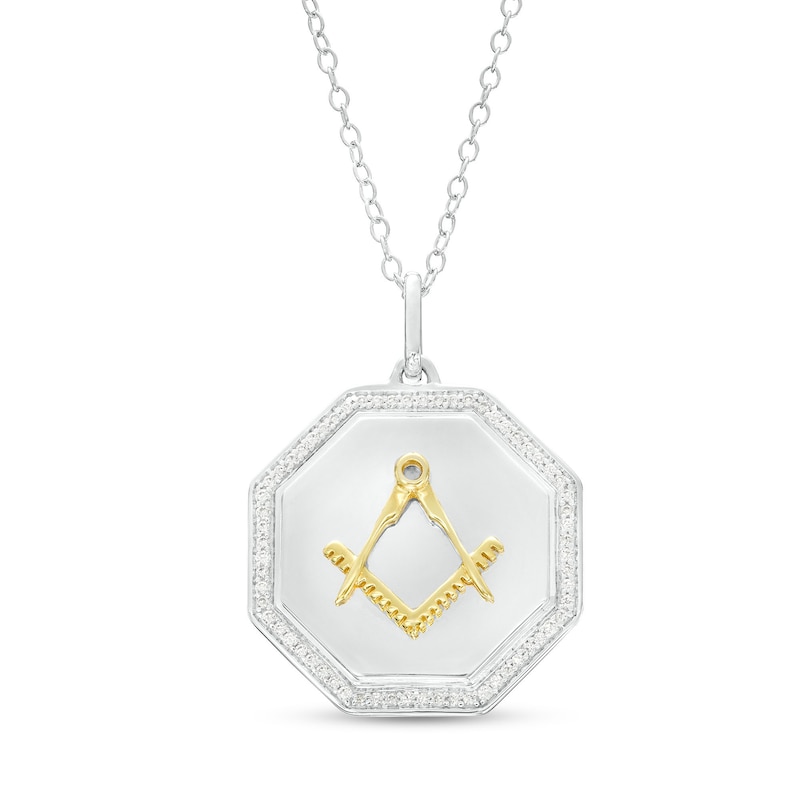 Main Image 1 of 1/5 CT. T.W. Diamond Square and Compass Freemason Octagon Pendant in Sterling Silver and 10K Gold