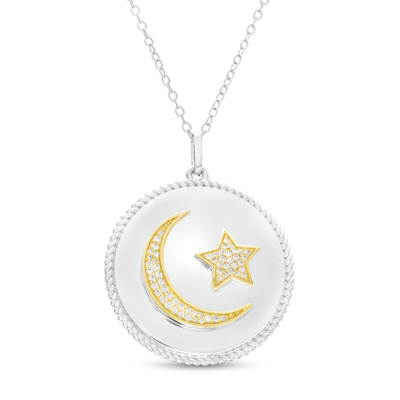 Main Image 1 of 1/5 CT. T.W. Diamond Crescent Moon and Star Rope Frame Circle Pendant in Sterling Silver and 10K Gold
