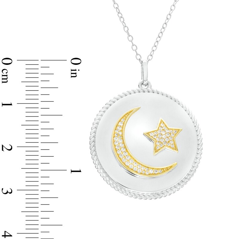 Main Image 3 of 1/5 CT. T.W. Diamond Crescent Moon and Star Rope Frame Circle Pendant in Sterling Silver and 10K Gold