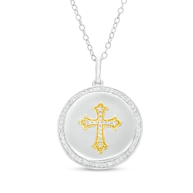 Main Image 1 of 1/4 CT. T.W. Diamond Gothic-Style Cross Circle Pendant in Sterling Silver and 10K Gold