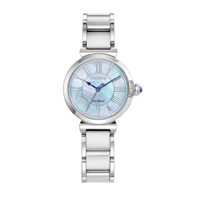 Ladies' Citizen Eco-Drive® L Mae Diamond Accent Silver-Tone Watch with Mother-of-Pearl Dial (Model: EM1060-52N)