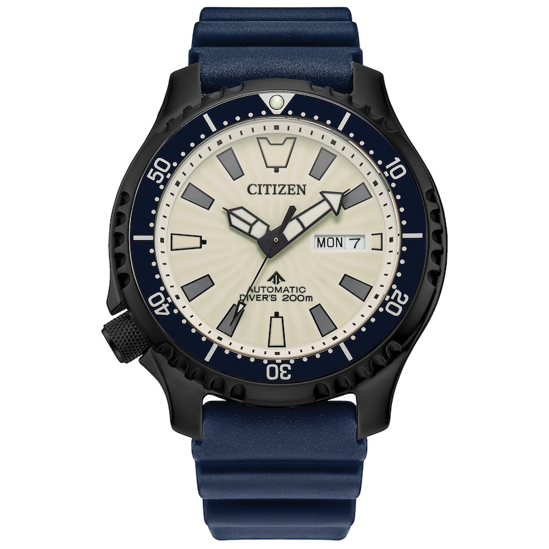 Main Image 1 of Men's Citizen Promaster Dive Automatic Black PVD Blue Strap Watch with White Dial (Model: NY0137-09A)