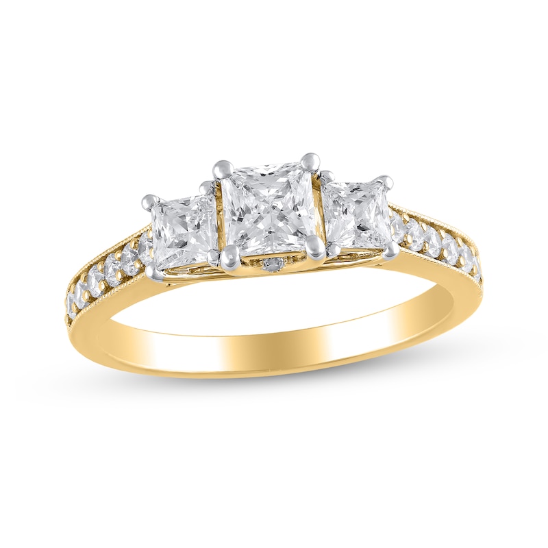 Main Image 1 of 1-1/5 CT. T.W. Princess-Cut Diamond Three Stone Vintage-Style Engagement Ring in 14K Gold (I/I2)