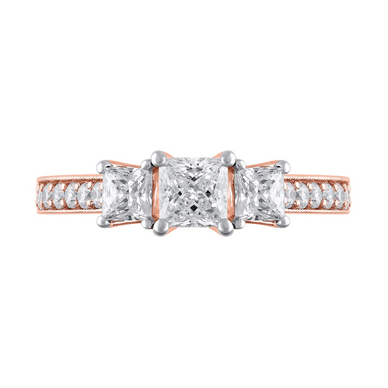 Main Image 3 of 1-1/5 CT. T.W. Princess-Cut Diamond Three Stone Vintage-Style Engagement Ring in 14K Rose Gold (I/I2)