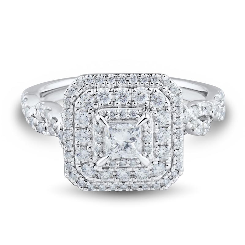 Main Image 3 of 1 CT. T.W. Princess-Cut Diamond Double Frame Twist Shank Engagement Ring in 14K White Gold (I/I2)