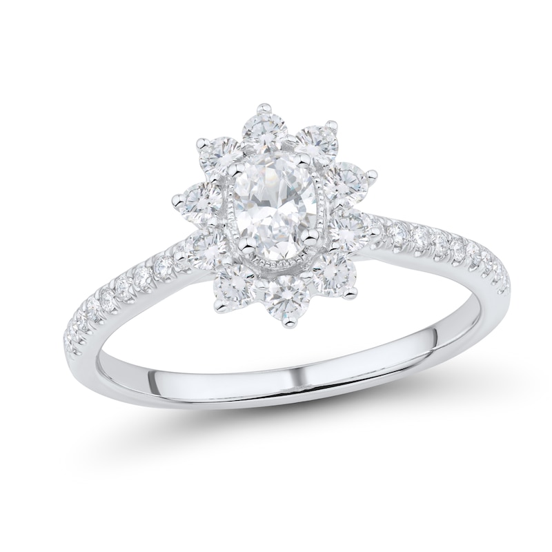 1 CT. T.W. Oval Diamond Starburst Frame Vintage-Style Ring in 14K White Gold (I/I1)