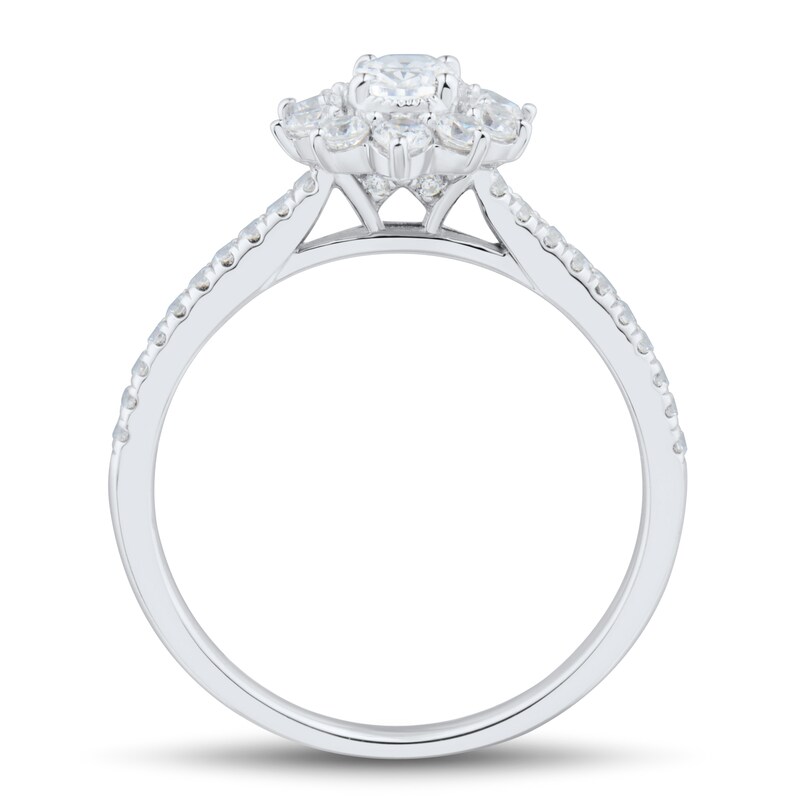 1 CT. T.W. Oval Diamond Starburst Frame Vintage-Style Ring in 14K White Gold (I/I1)