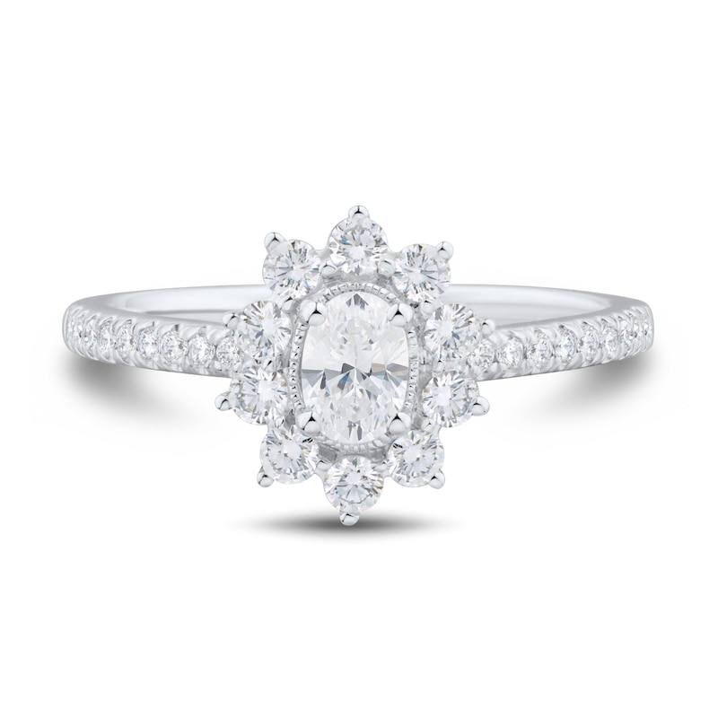 Main Image 3 of 1 CT. T.W. Oval Diamond Starburst Frame Vintage-Style Ring in 14K White Gold (I/I1)