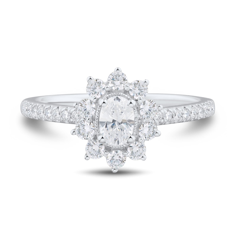 1 CT. T.W. Oval Diamond Starburst Frame Vintage-Style Ring in 14K White Gold (I/I1)