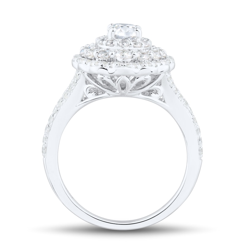 Main Image 2 of 1-1/2 CT. T.W. Oval Diamond Layered Scallop Frame Engagement Ring in 14K White Gold (I/I1)